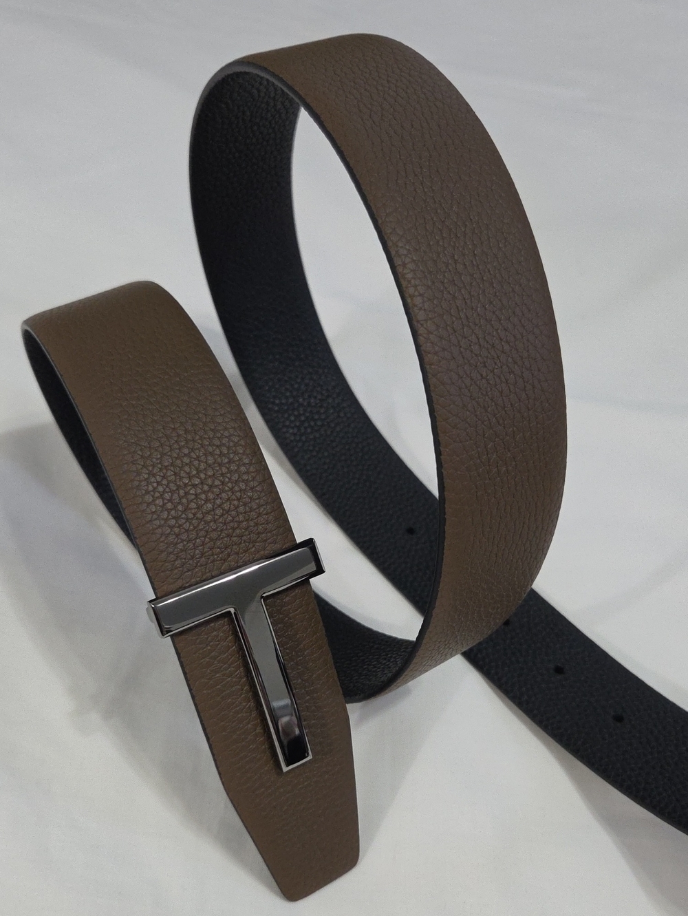 Tom Ford Black & Brown Leather Belt Dark T Buckle Accent